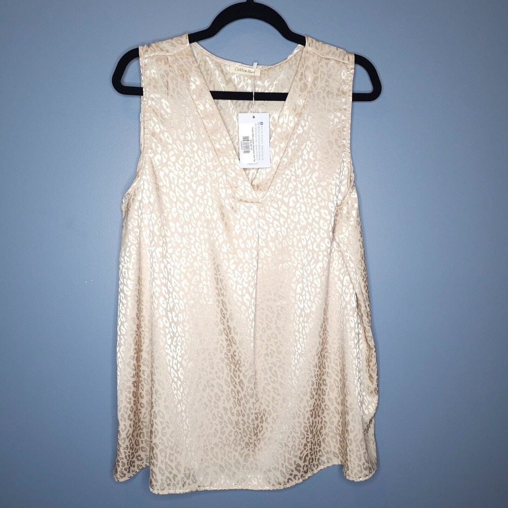 Cotton Bleu Cream Leopard Animal Print V-Neck Tank Top Sleeveless Blouse XL NWT